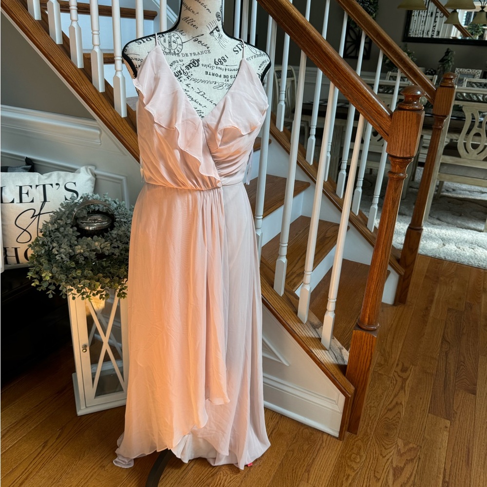 New! JENNY PACKHAM Ruffled Chiffon High-Low Gown size 2 Cameo/Pink - Picture 2 of 7